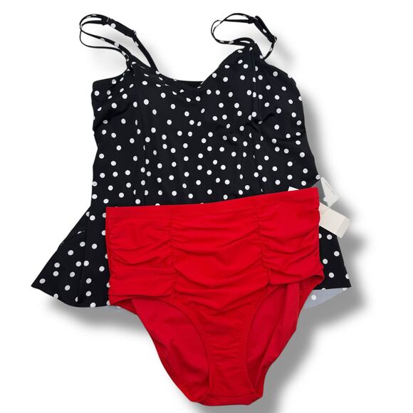 NEW Tankini Swimsuit Size 16 Black Polka Dot Red Ruched High Waist Bottoms NWT - Picture 1 of 16